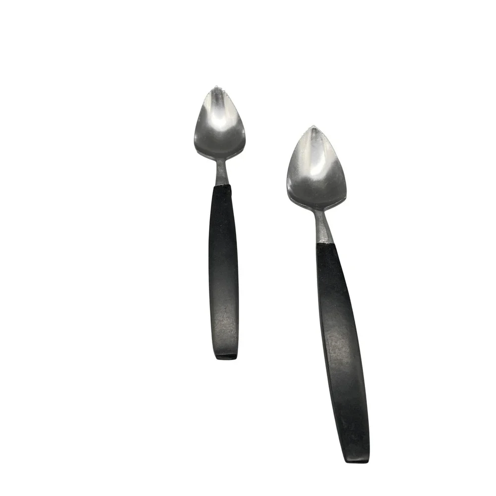 Vintage MCM‎ Grapefruit Spoons Set of 2 Serrated Stainless Japan Black Handle